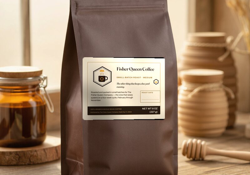 A Fisher Queen Coffee bag with the crowned-mug label